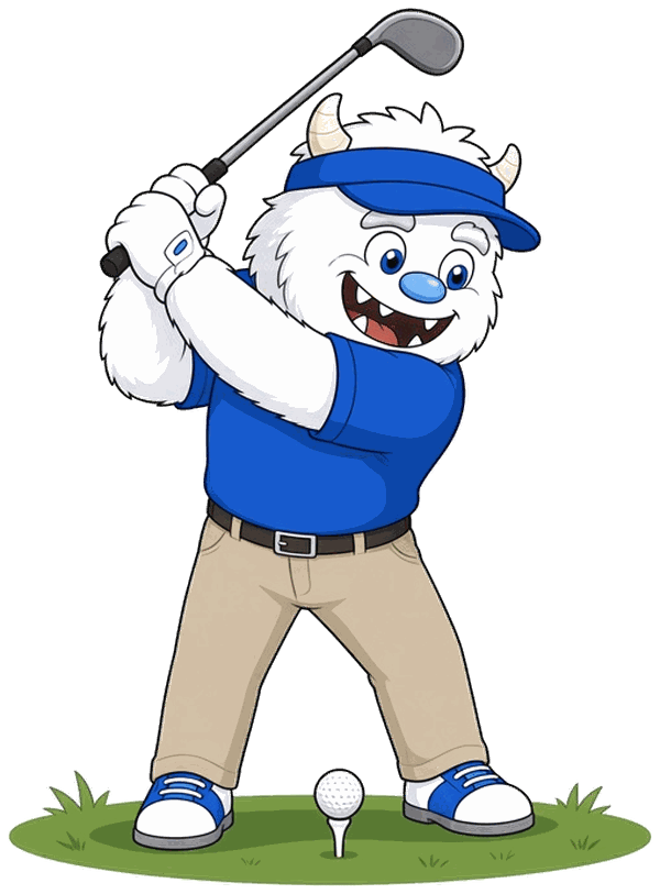 Our yeti mascot in a blue polo, visor and khakis at the top of his golf backswing, with the ball sitting on the tee