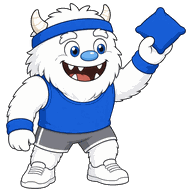 Our yeti mascot in a blue tank top and headband, holding up a cornhole bag