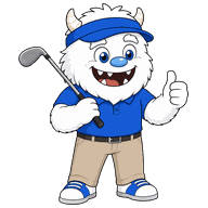 Our yeti mascot in a blue polo and visor, holding a golf club and giving a thumbs up