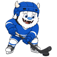 Our yeti mascot in blue hockey gear, holding a hockey stick next to a puck