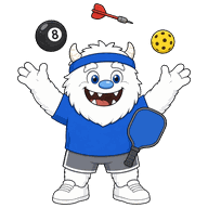 Our yeti mascot juggling an 8-ball, a dart and a pickleball, with a pickleball paddle tucked under his arm